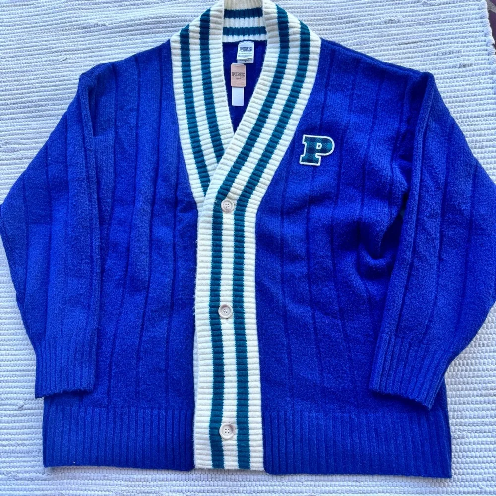 PINK VS Varsity Cardigan Blue Plaid Stripe Cozy Preppy XL NWT